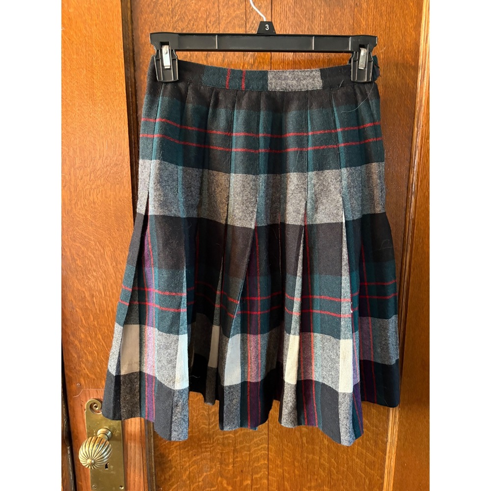 Vintage Minnesota Woolen Plaid Pleated Skirt Green Blue Grey Red High Waist 24